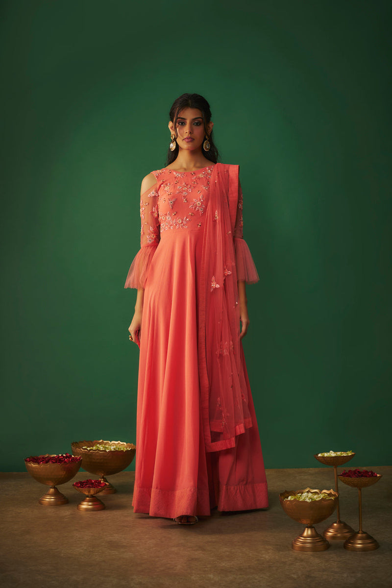 Coral Pink Embroidered Anarkali And Dupatta Set