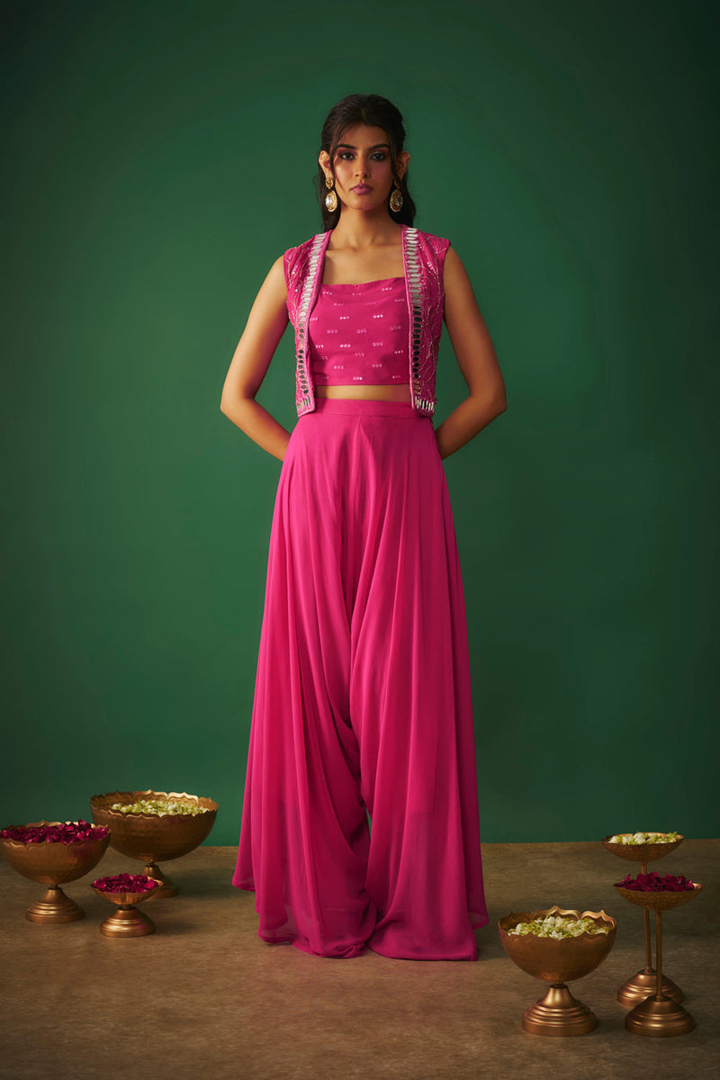 Magenta Pink Mirror Embroidered Choli, Dhoti And Crop Jacket Set