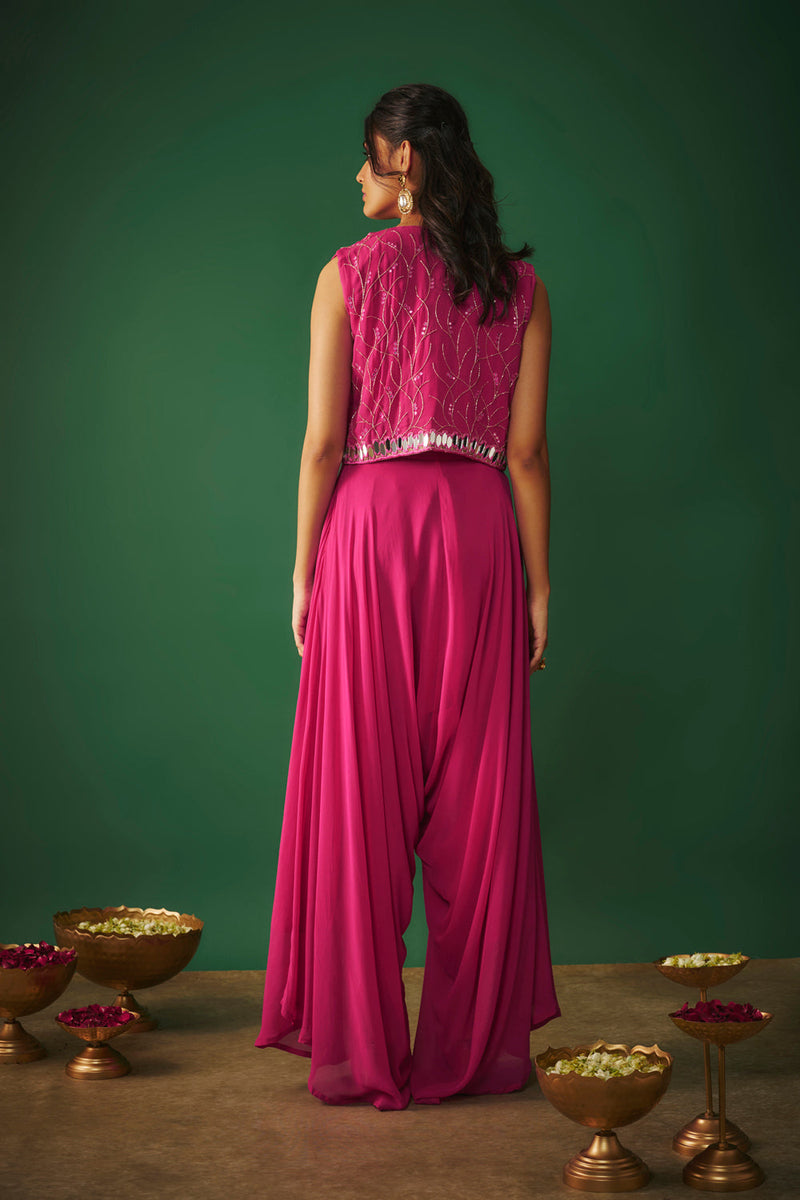 Magenta Pink Mirror Embroidered Choli, Dhoti And Crop Jacket Set