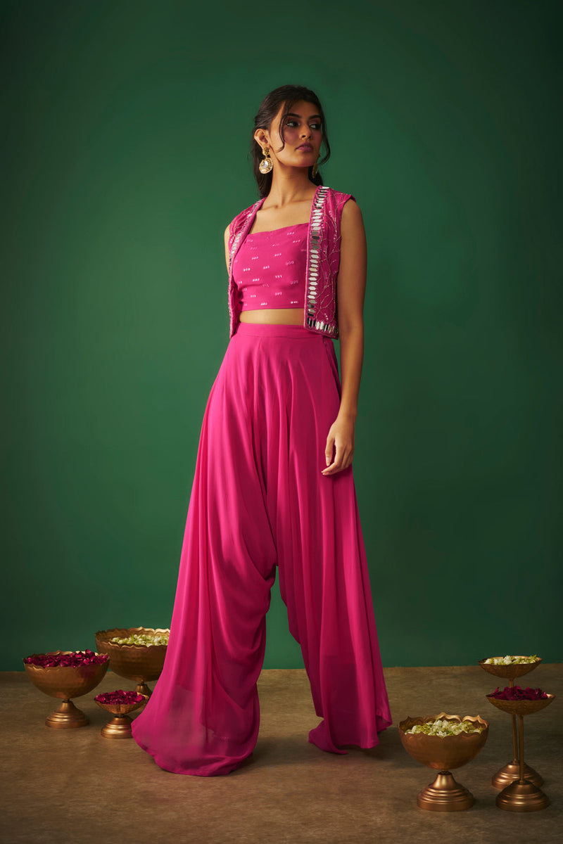 Magenta Pink Mirror Embroidered Choli, Dhoti And Crop Jacket Set