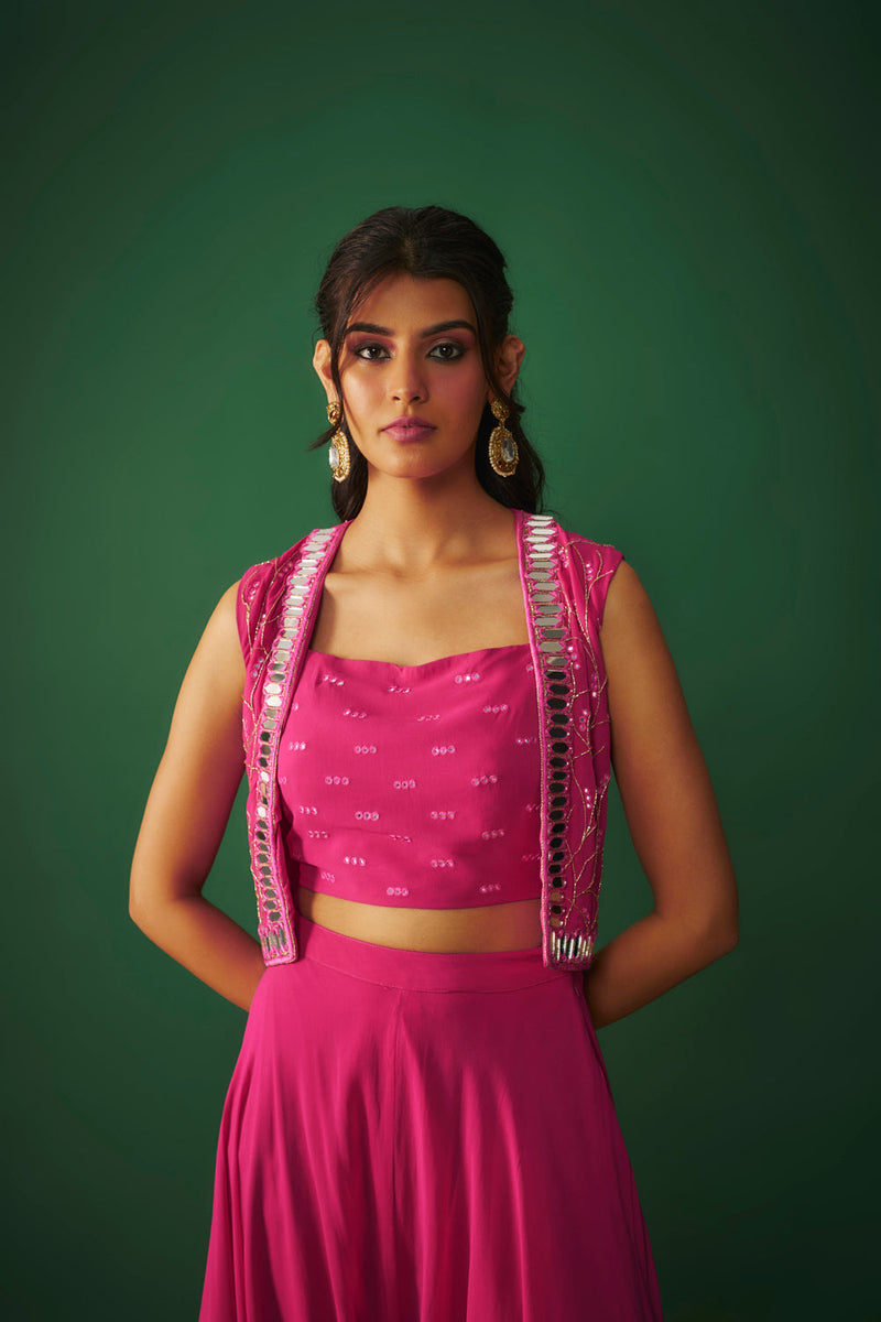 Magenta Pink Mirror Embroidered Choli, Dhoti And Crop Jacket Set