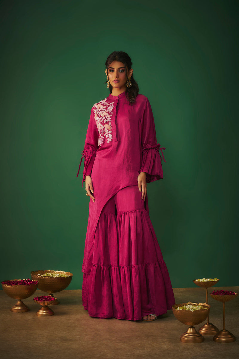 Magenta Pink Embroidered Asymmetrical Kurta And Sharara Set