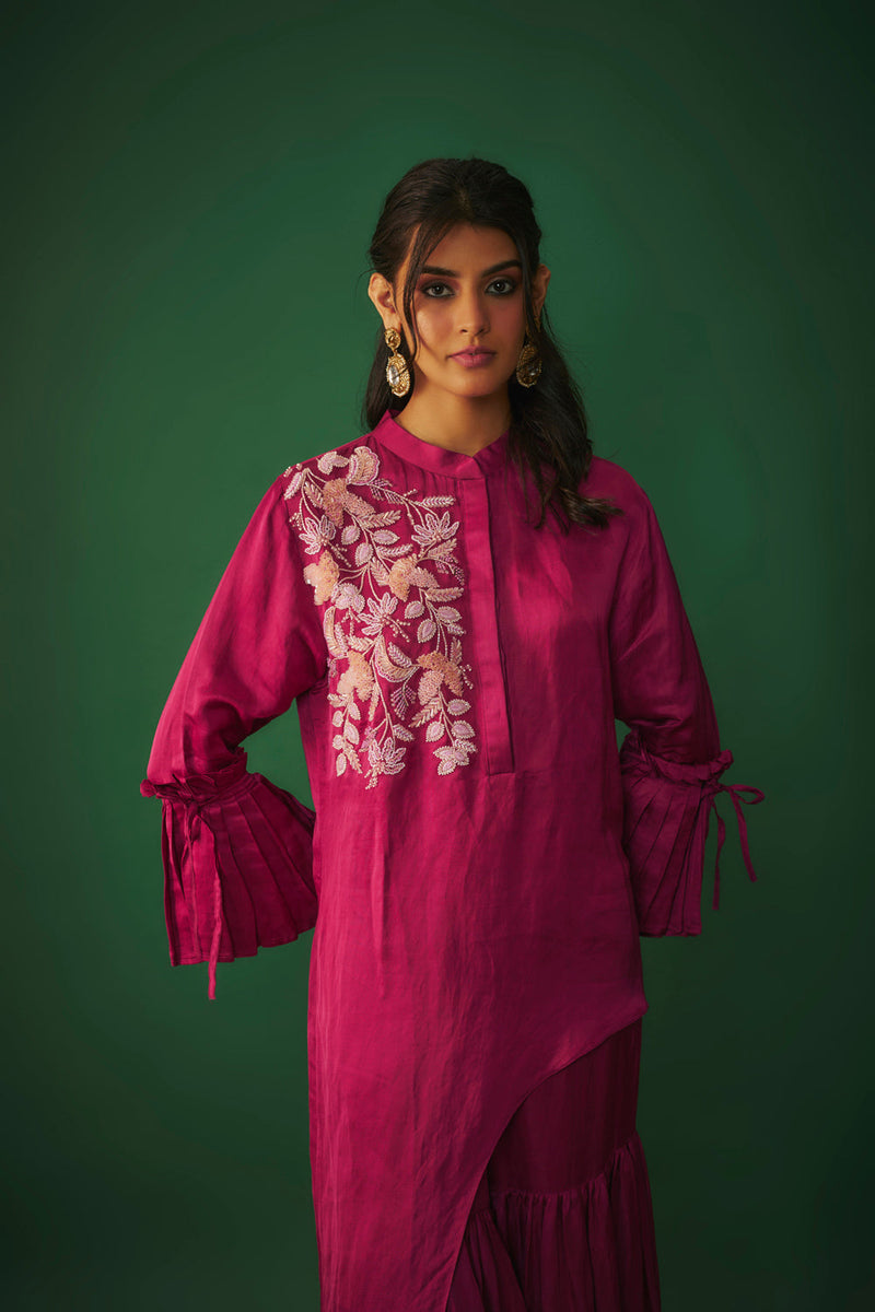 Magenta Pink Embroidered Asymmetrical Kurta And Sharara Set