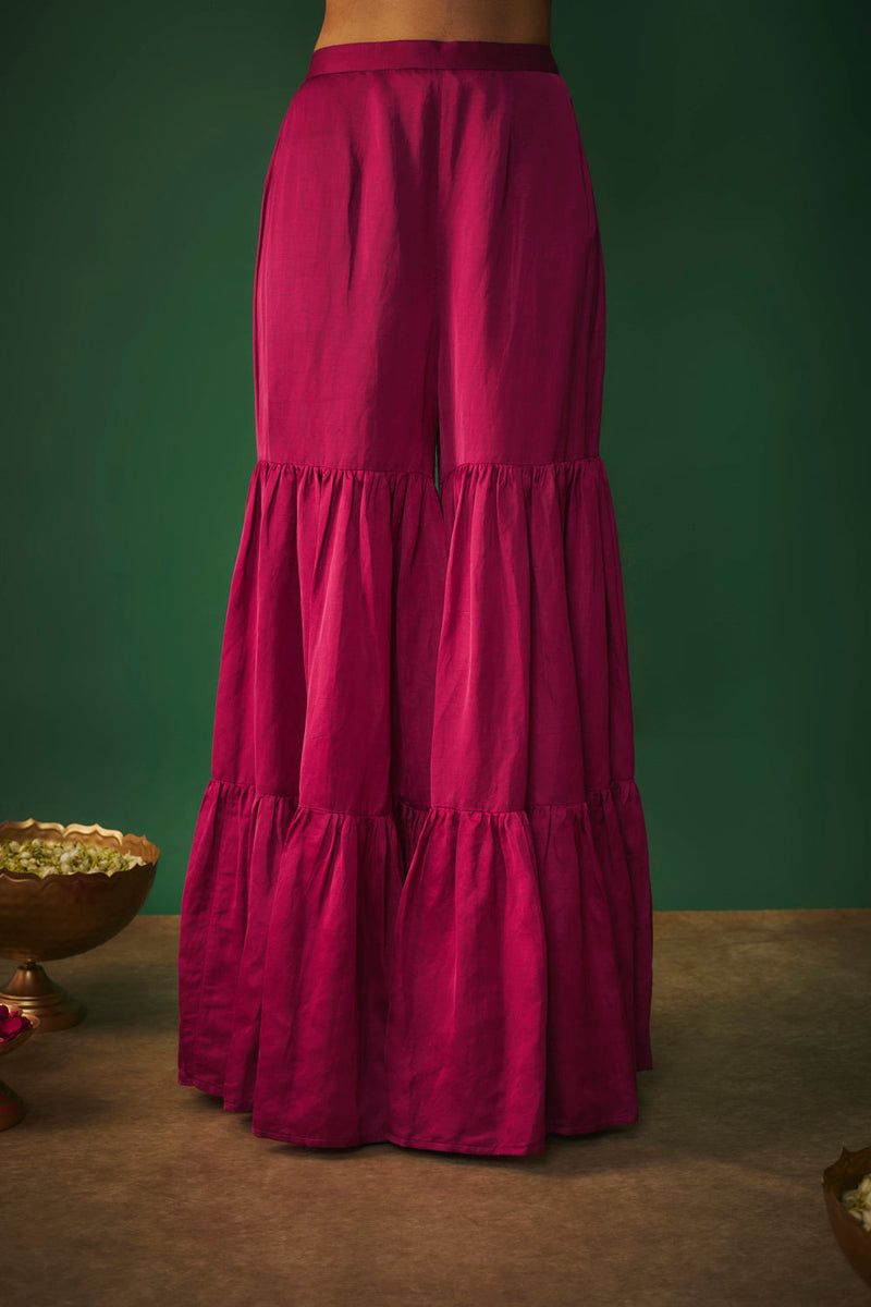 Magenta Pink Embroidered Asymmetrical Kurta And Sharara Set