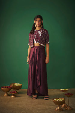 Wine Mirror Embroidered Choli, Dhoti Skirt And Crop Jacket Set