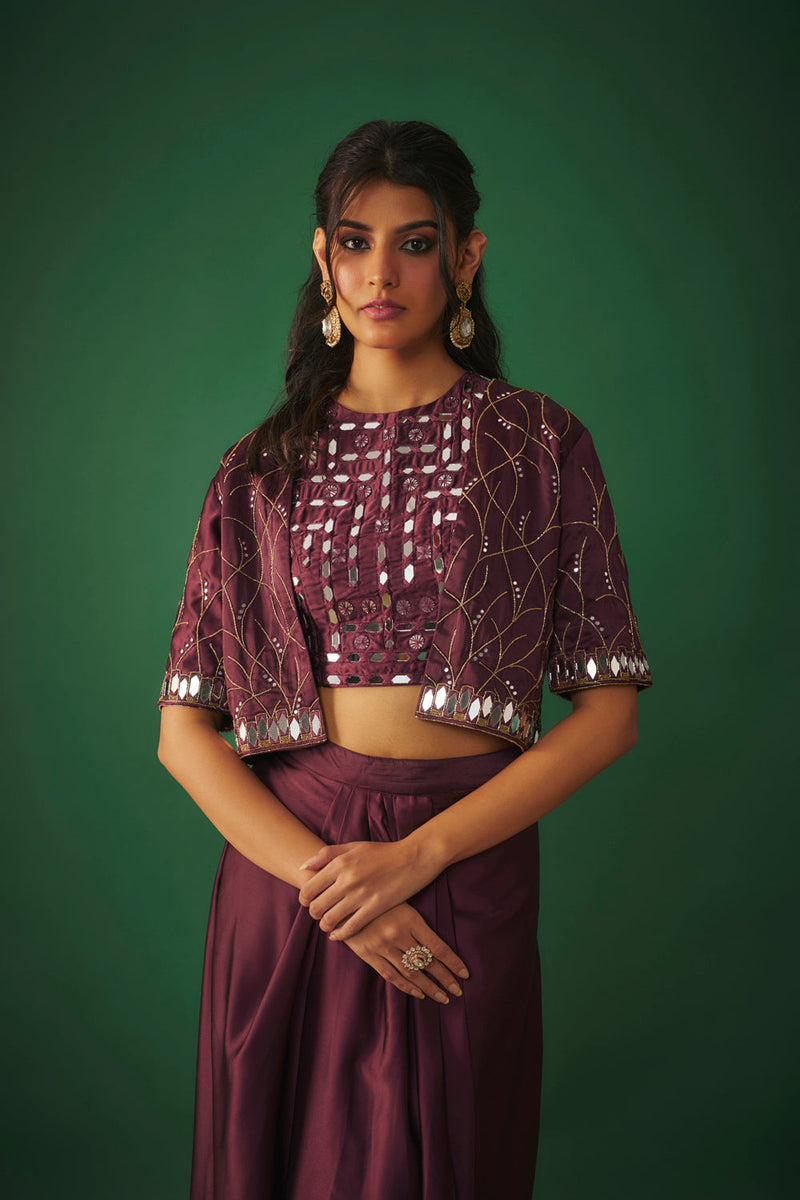 Wine Mirror Embroidered Choli, Dhoti Skirt And Crop Jacket Set