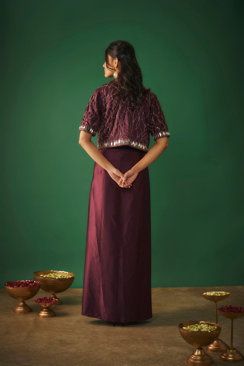 Wine Mirror Embroidered Choli, Dhoti Skirt And Crop Jacket Set