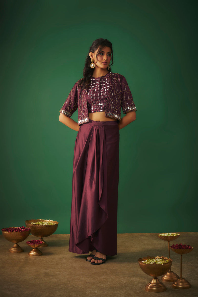 Wine Mirror Embroidered Choli, Dhoti Skirt And Crop Jacket Set