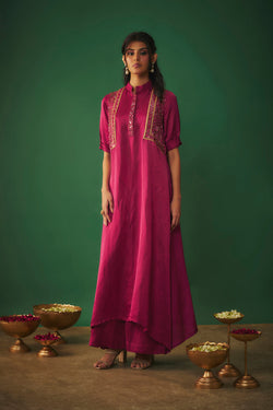 Magenta Pink Mirror Embroidered Kurta And Pants Set