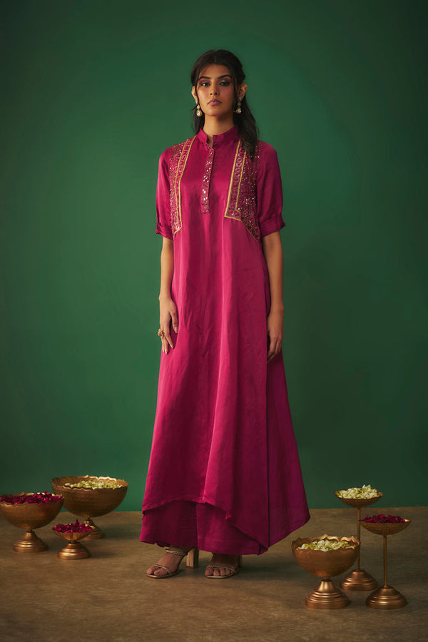 Magenta Pink Mirror Embroidered Kurta And Pants Set