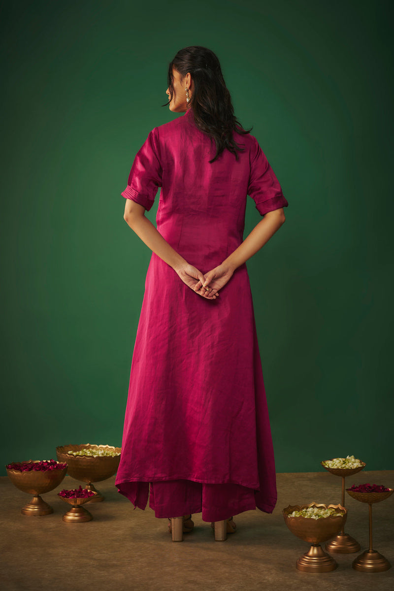 Magenta Pink Mirror Embroidered Kurta And Pants Set