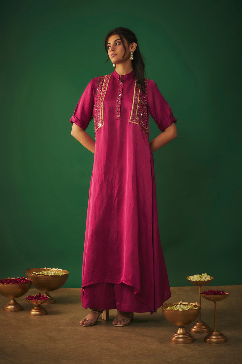 Magenta Pink Mirror Embroidered Kurta And Pants Set