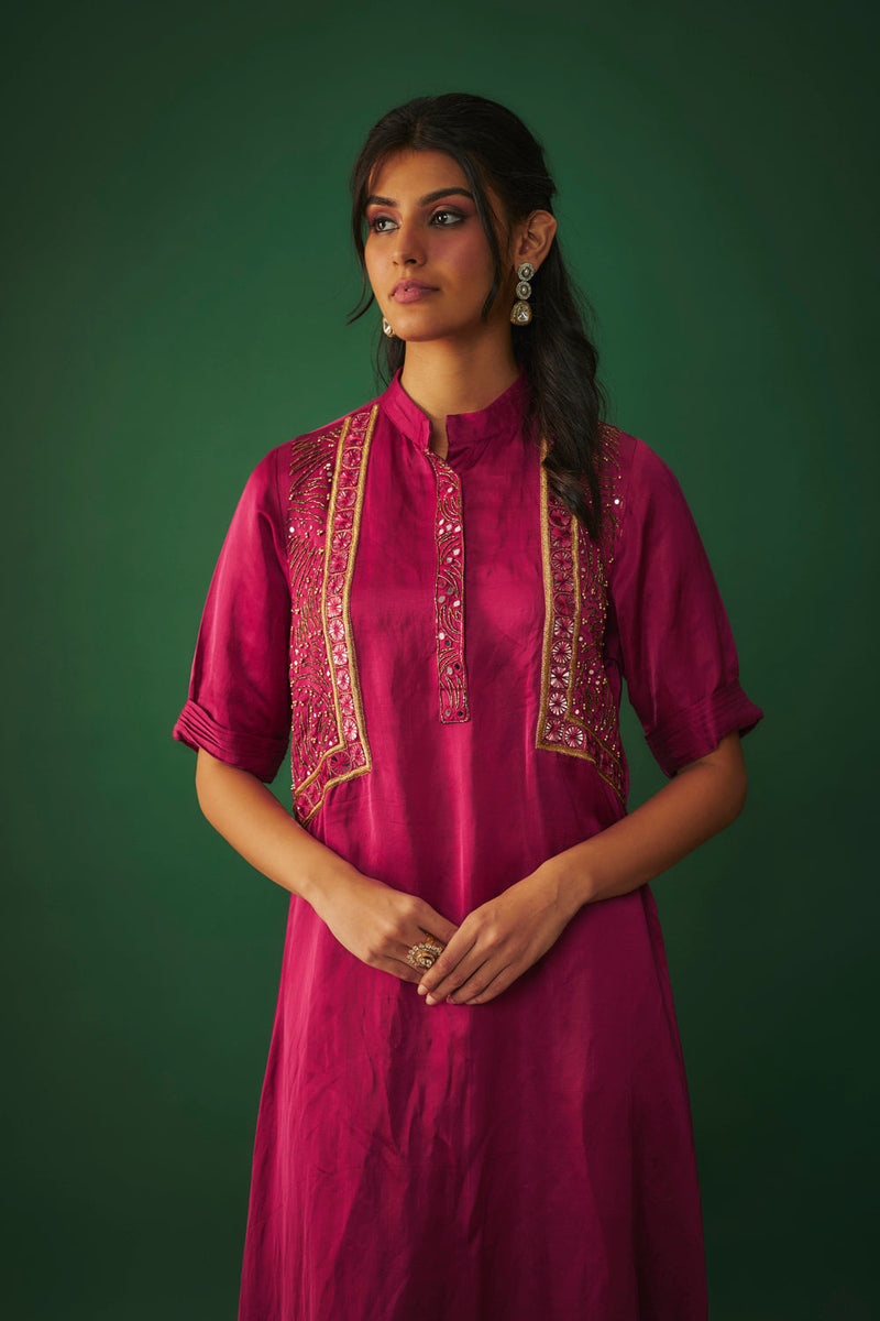 Magenta Pink Mirror Embroidered Kurta And Pants Set