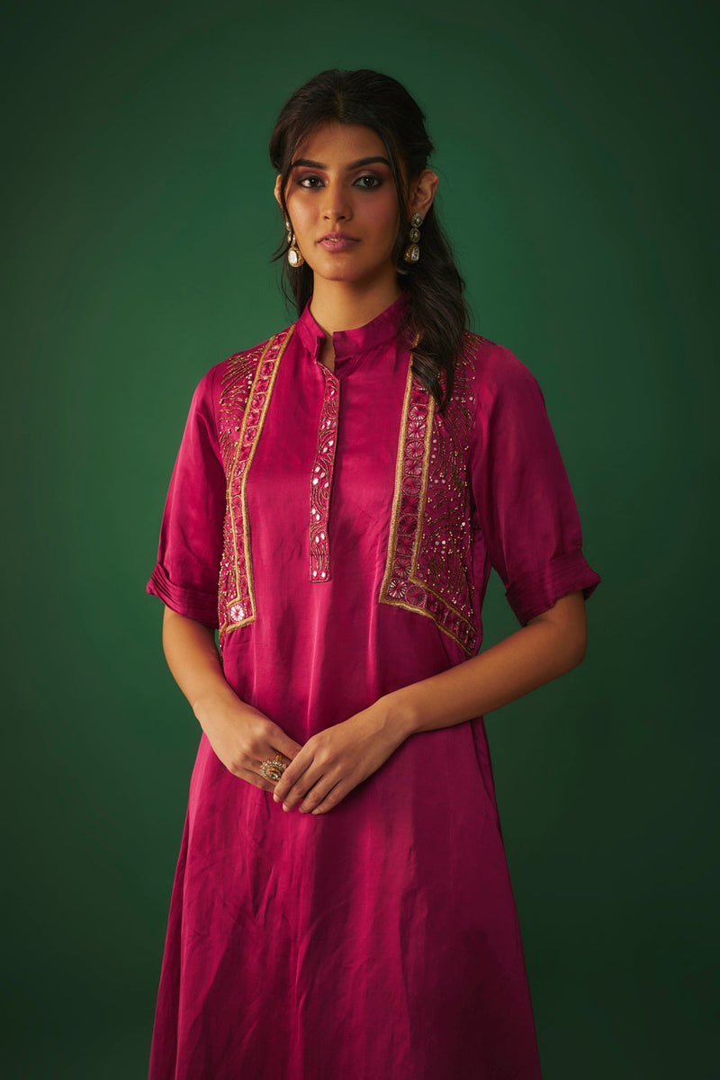 Magenta Pink Mirror Embroidered Kurta And Pants Set