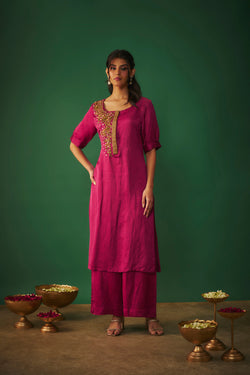 Magenta Pink Embroidered Kurta And Pants Set