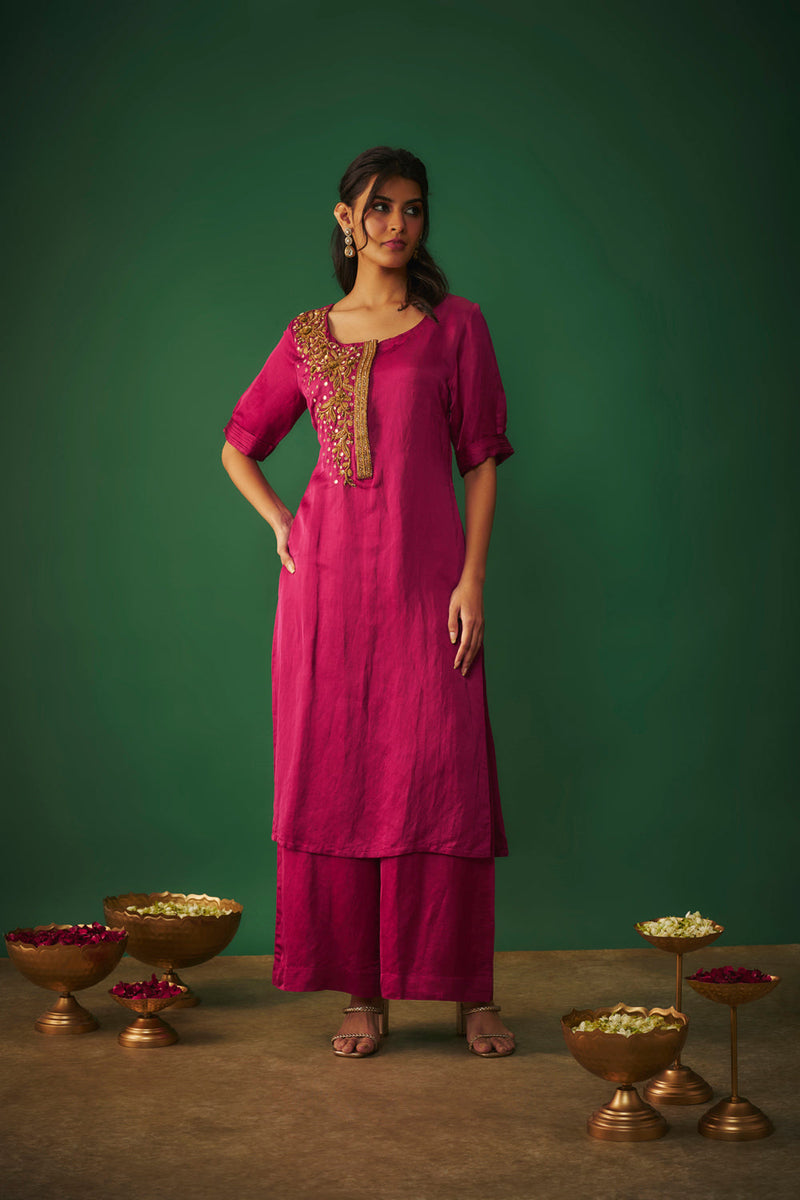 Magenta Pink Embroidered Kurta And Pants Set