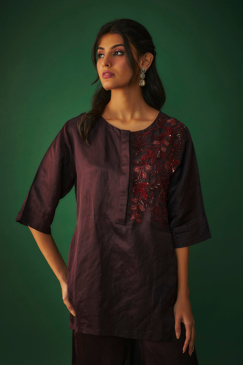 Wine Embroidered Hi Low Kurta And Sharara Set