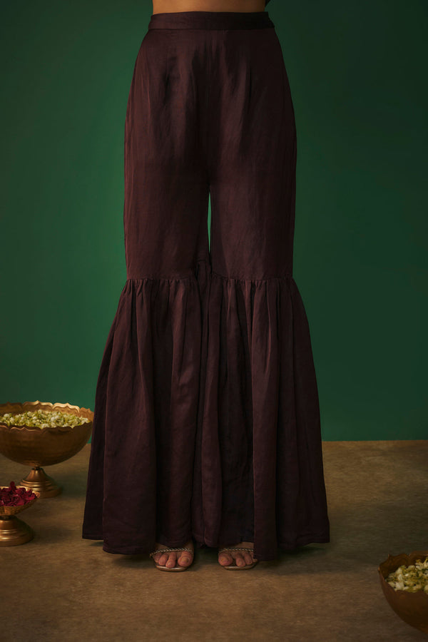 Wine Embroidered Hi Low Kurta And Sharara Set