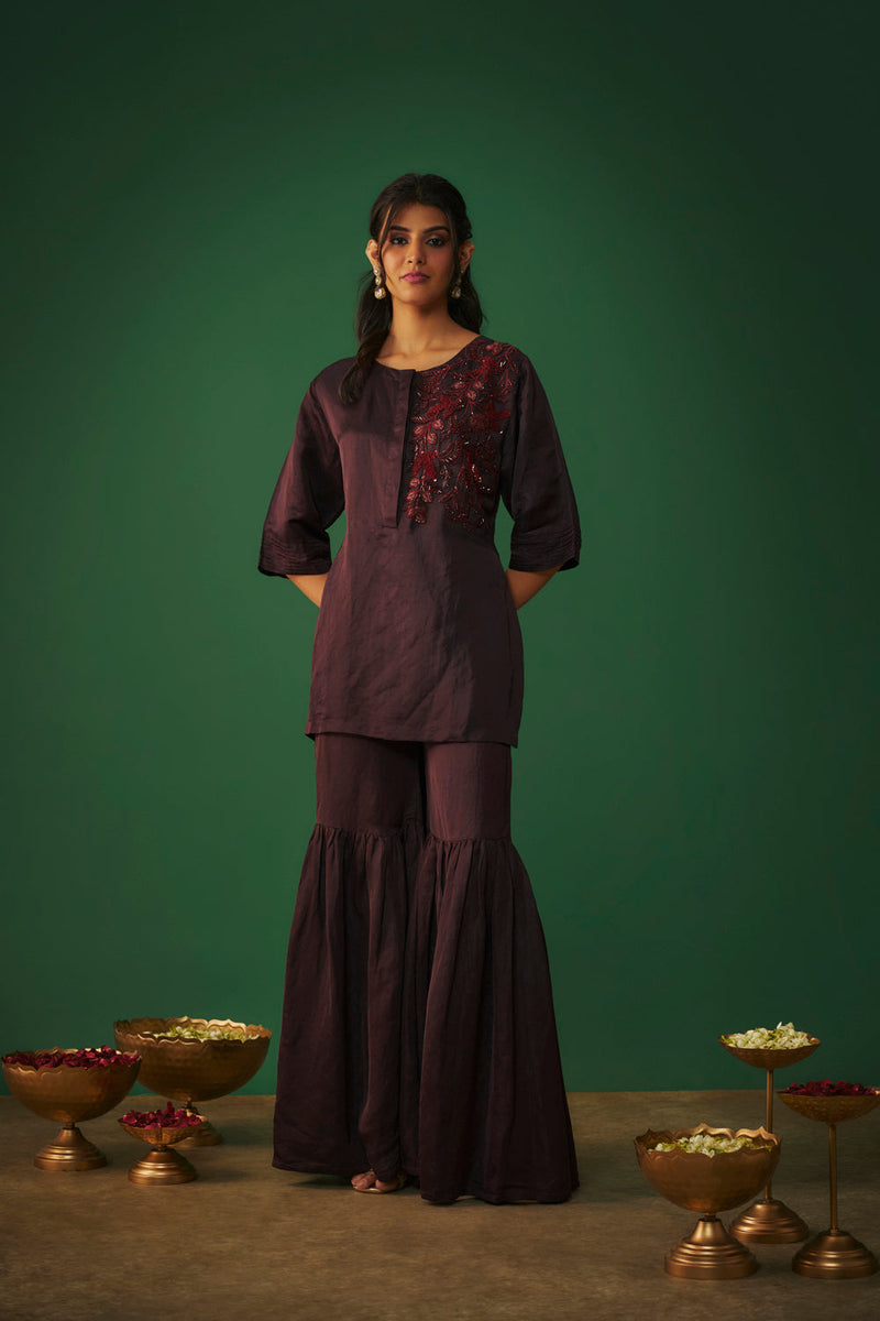 Wine Embroidered Hi Low Kurta And Sharara Set