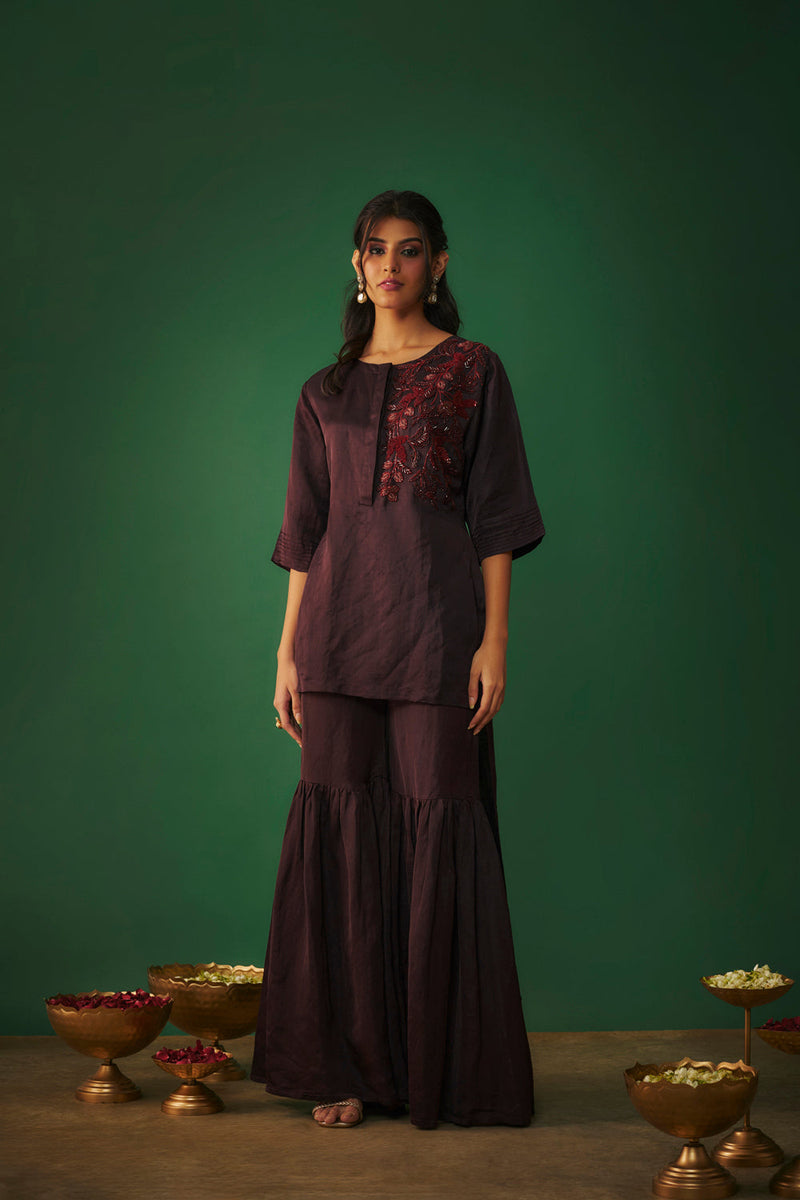 Wine Embroidered Hi Low Kurta And Sharara Set