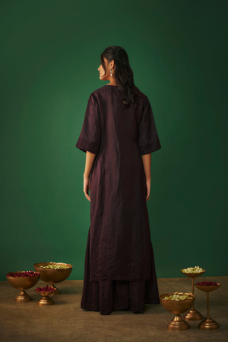 Wine Embroidered Hi Low Kurta And Sharara Set