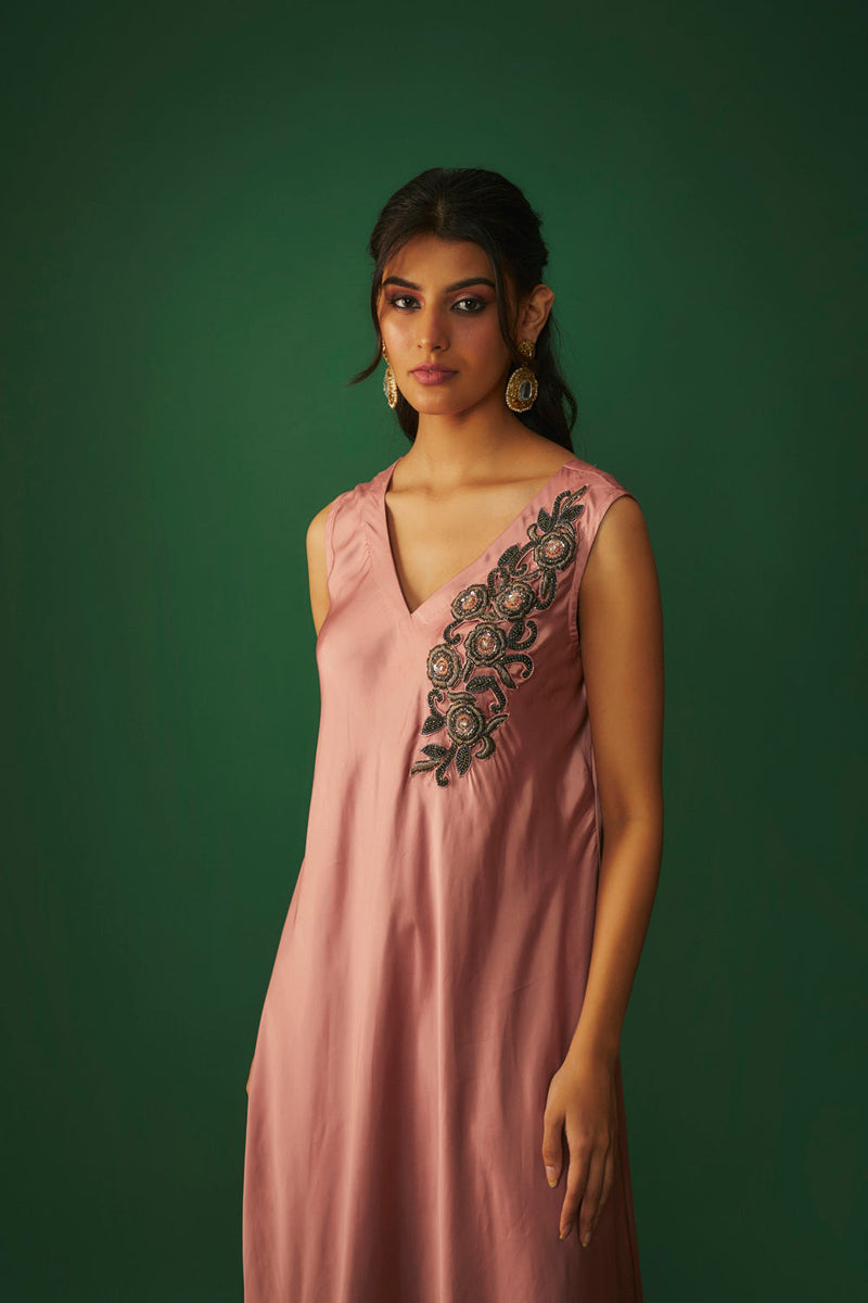 Rose Pink Embroidered Asymmtrical Kurta And Pants Set