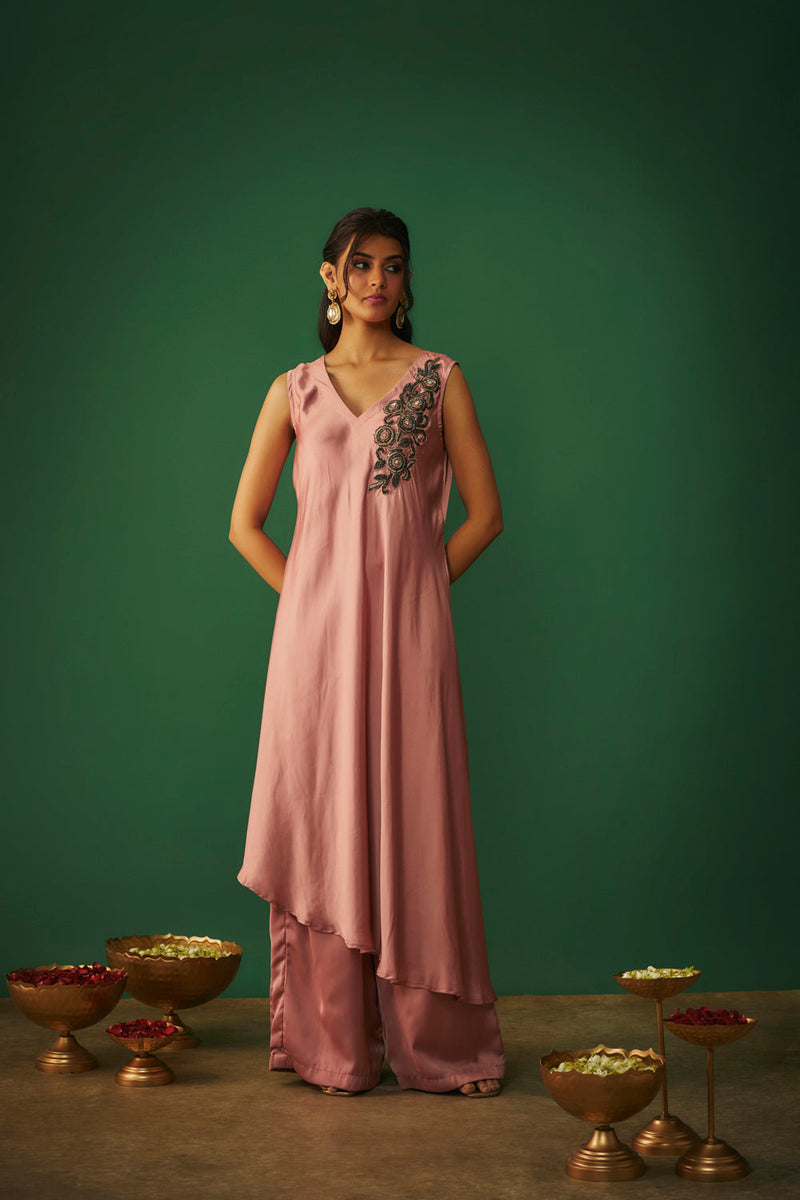 Rose Pink Embroidered Asymmtrical Kurta And Pants Set