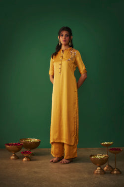 Mustard Yellow Mukaish Embrodiered Kurta And Pants Set