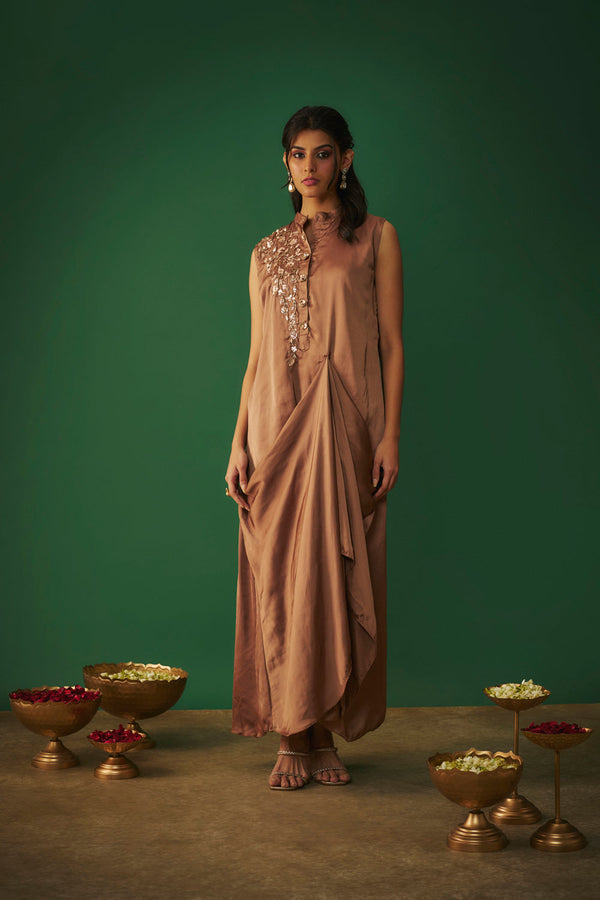 Coffee Brown Mukaish Embroidered Draped Gown