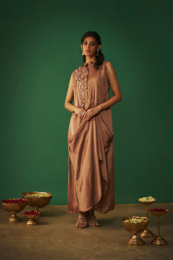 Coffee Brown Mukaish Embroidered Draped Gown