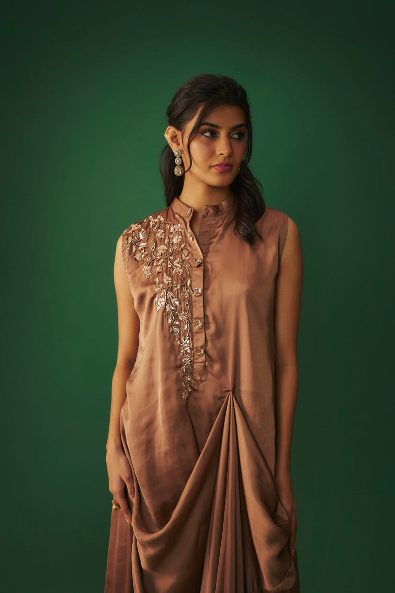 Coffee Brown Mukaish Embroidered Draped Gown