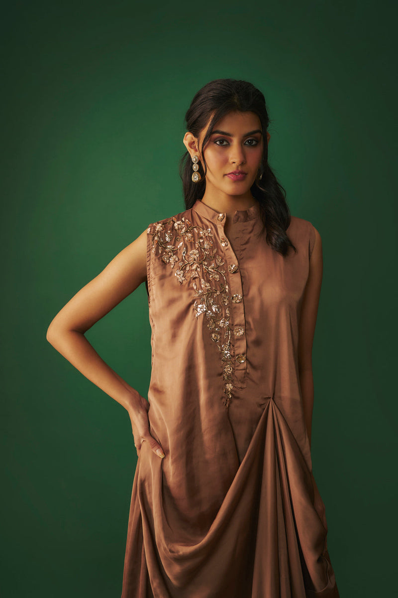 Coffee Brown Mukaish Embroidered Draped Gown