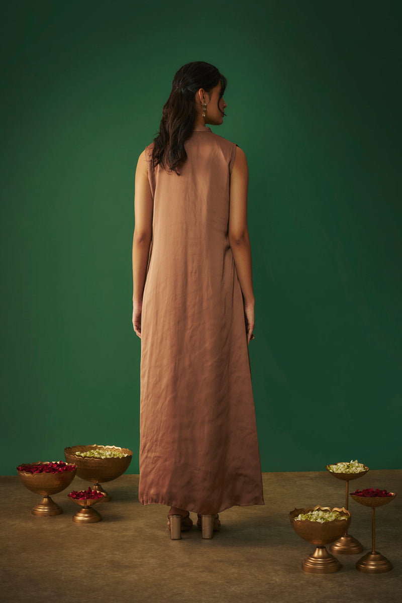 Coffee Brown Mukaish Embroidered Draped Gown