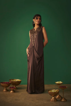 Chocolate Brown Mukaish Embroidered Draped Gown