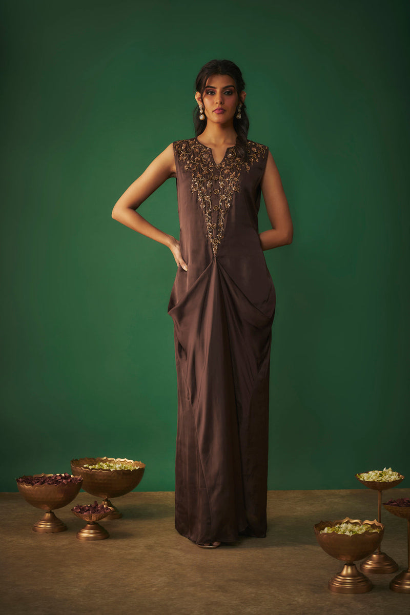 Chocolate Brown Mukaish Embroidered Draped Gown