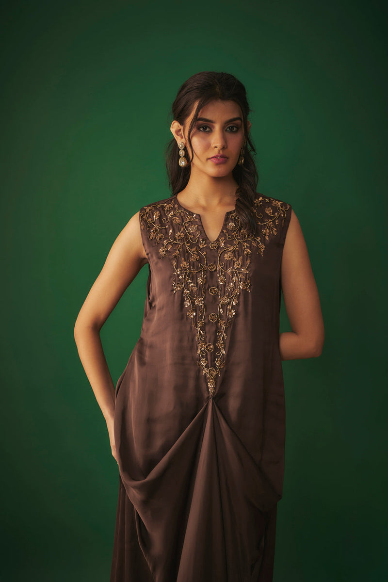 Chocolate Brown Mukaish Embroidered Draped Gown