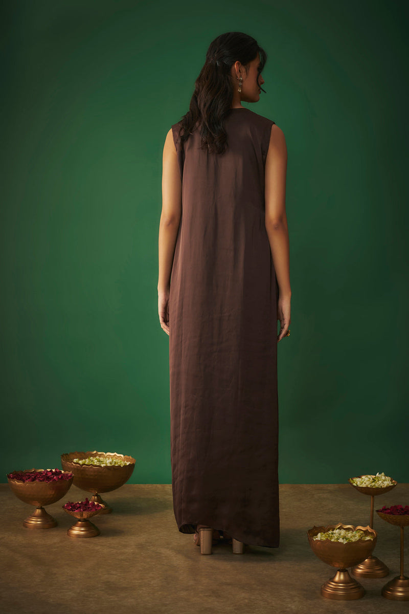 Chocolate Brown Mukaish Embroidered Draped Gown