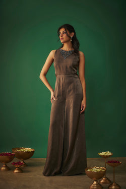 Grey Flared Jumpsuit With Embroidered Neck