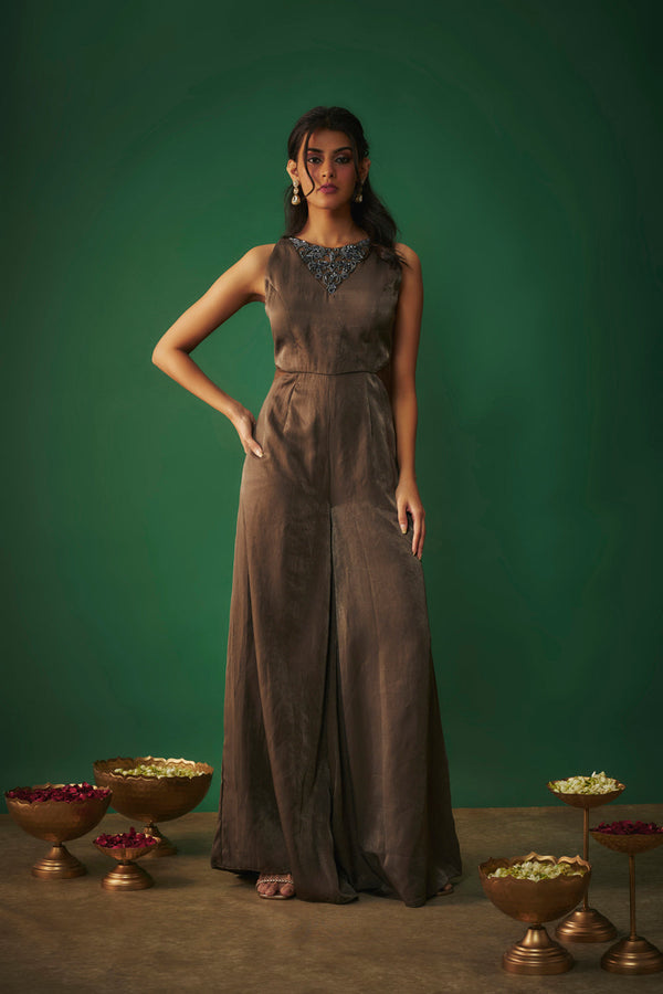 Grey Flared Jumpsuit With Embroidered Neck