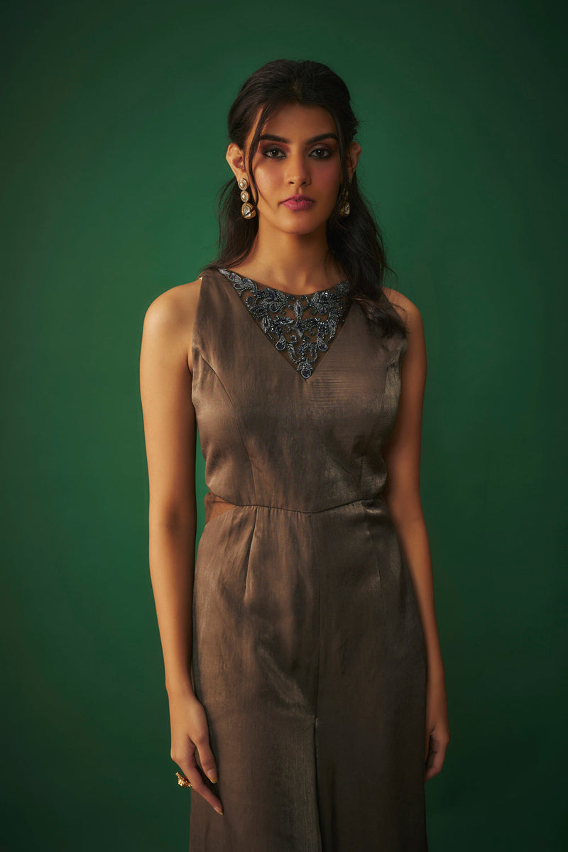 Grey Flared Jumpsuit With Embroidered Neck