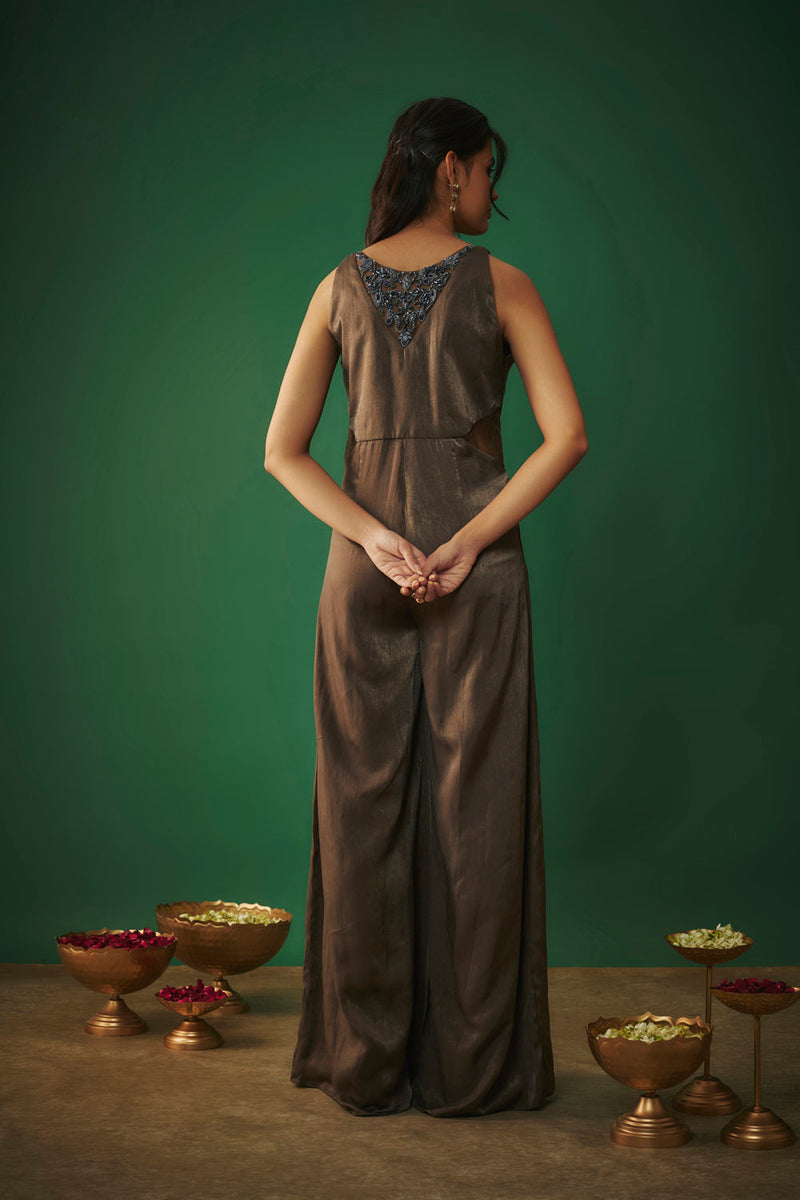 Grey Flared Jumpsuit With Embroidered Neck