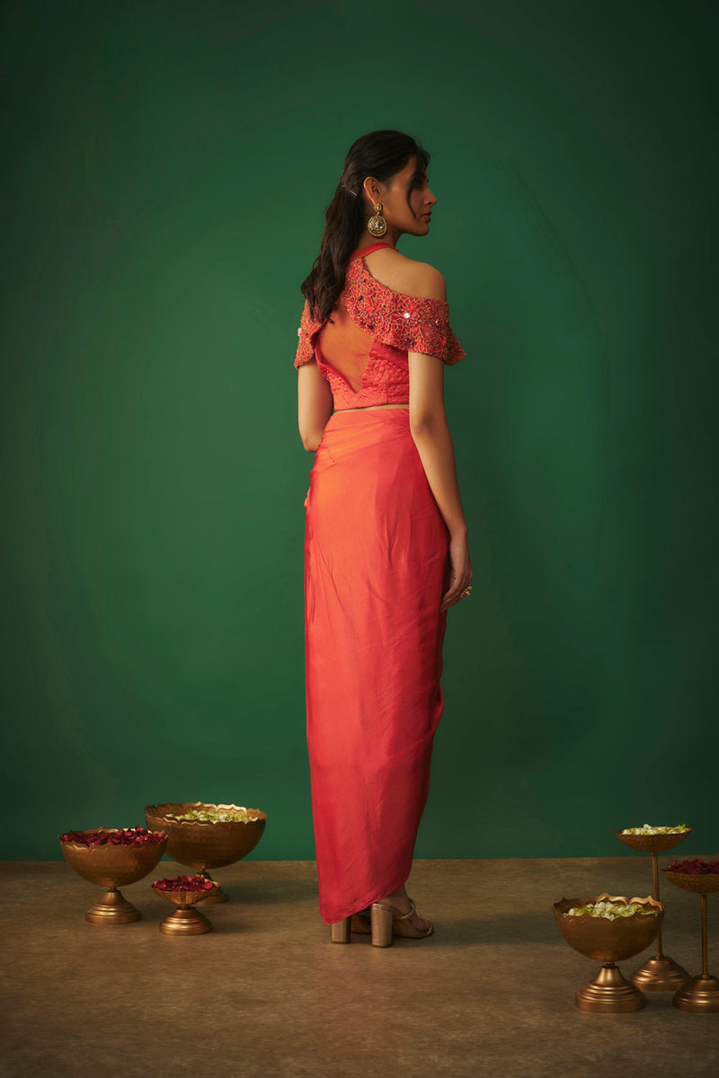 Orange Embroidered Top And Draped Skirt Set