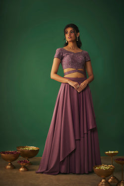 Rouge Pink Embroidered Choli With Attached Dupatta And Asymmetrical Lehenga Set