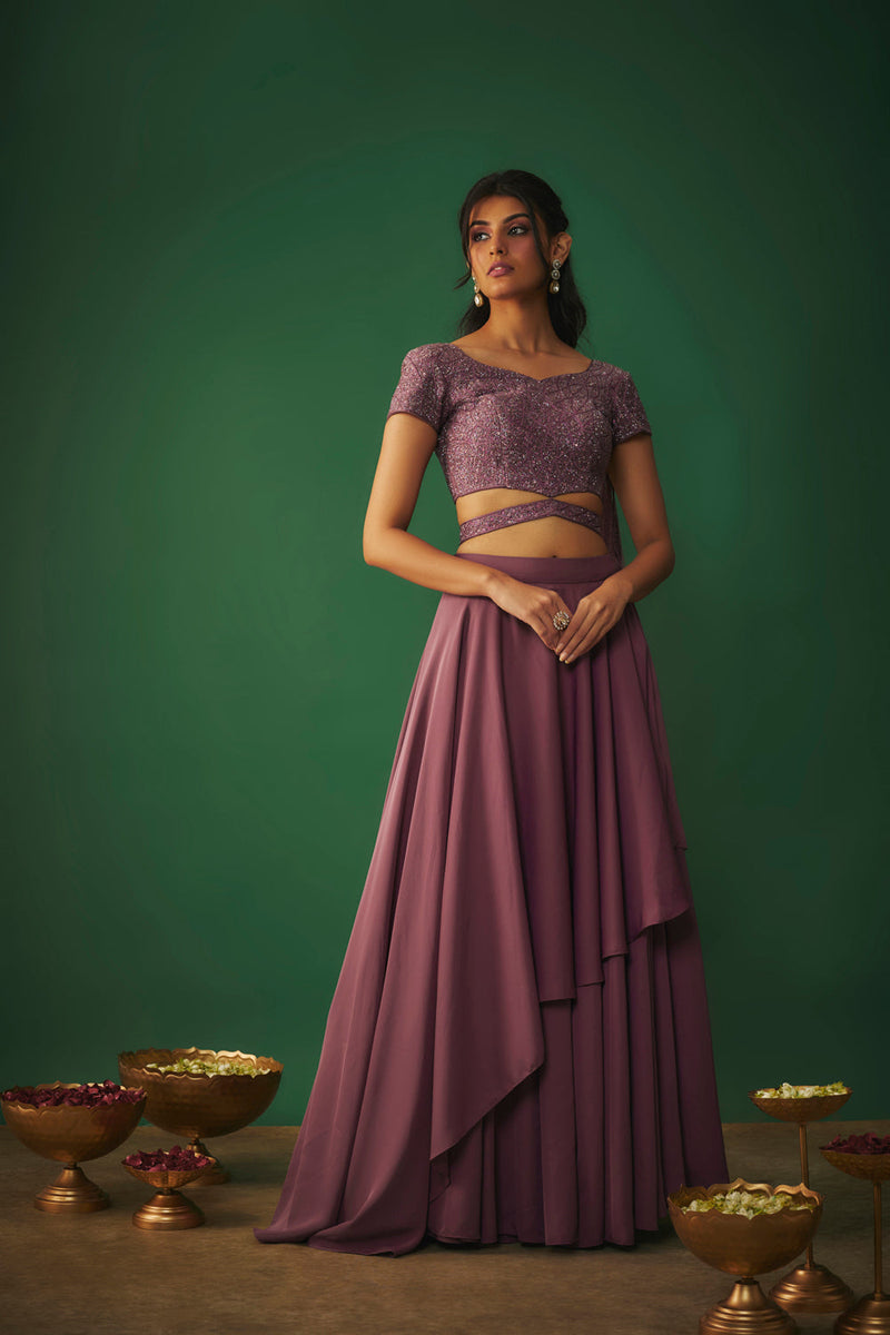 Rouge Pink Embroidered Choli With Attached Dupatta And Asymmetrical Lehenga Set