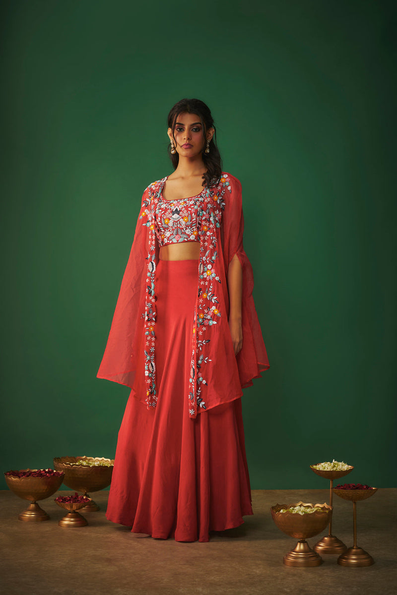 Red Threadwork Embroidered Choli, Cape And Lehenga Set