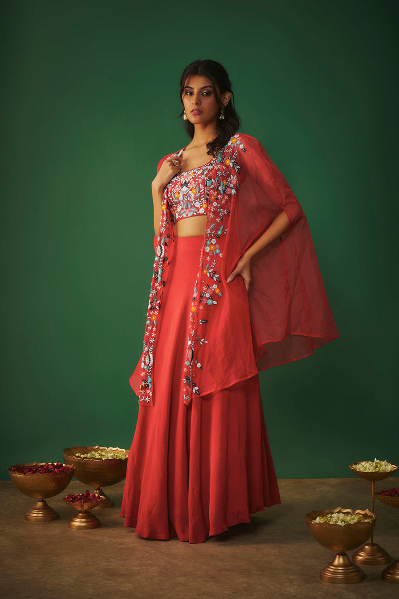 Red Threadwork Embroidered Choli, Cape And Lehenga Set