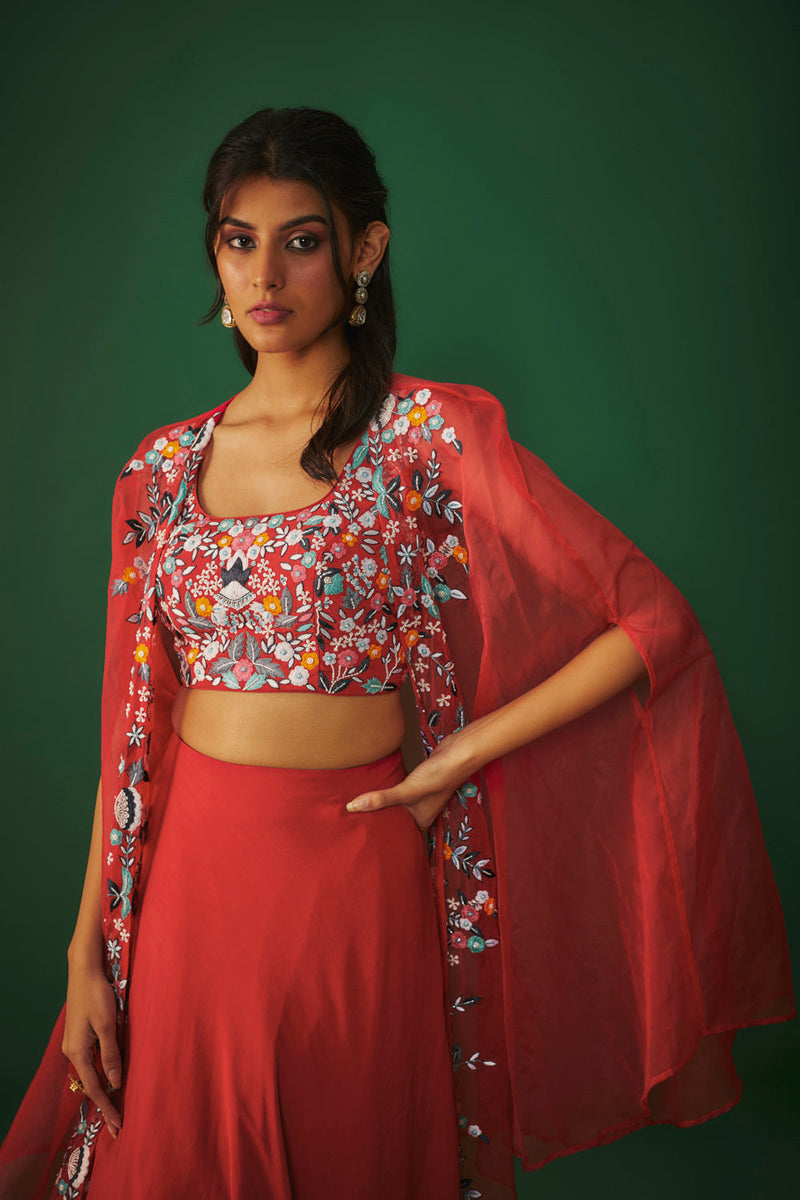 Red Threadwork Embroidered Choli, Cape And Lehenga Set