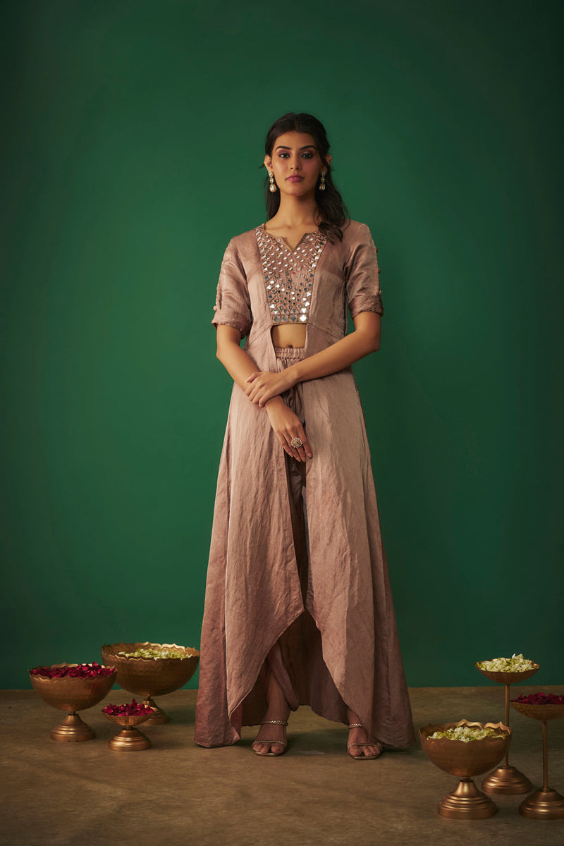 Coffee Mirror Embroidered Front Open Kurta With Dhoti Set