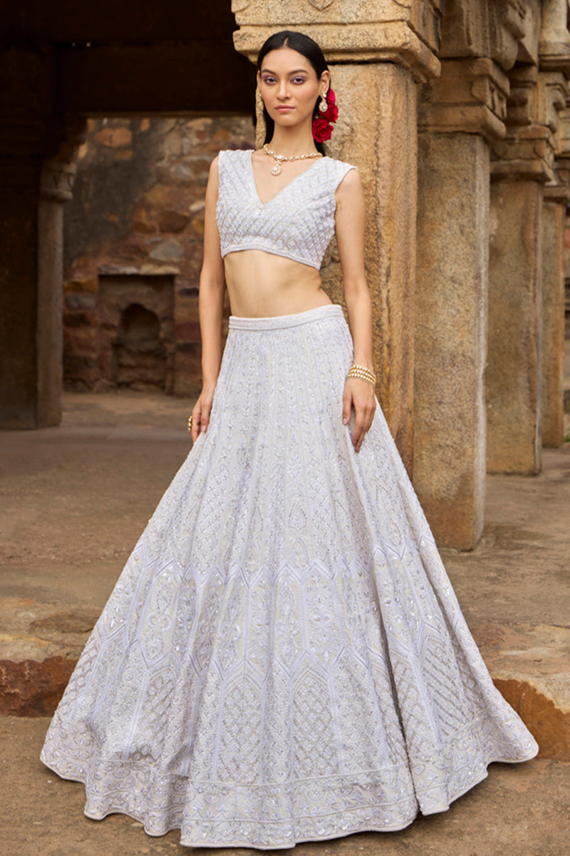 "Oraya" Ivory Resham Kashmiri Embroidered  Lehengas