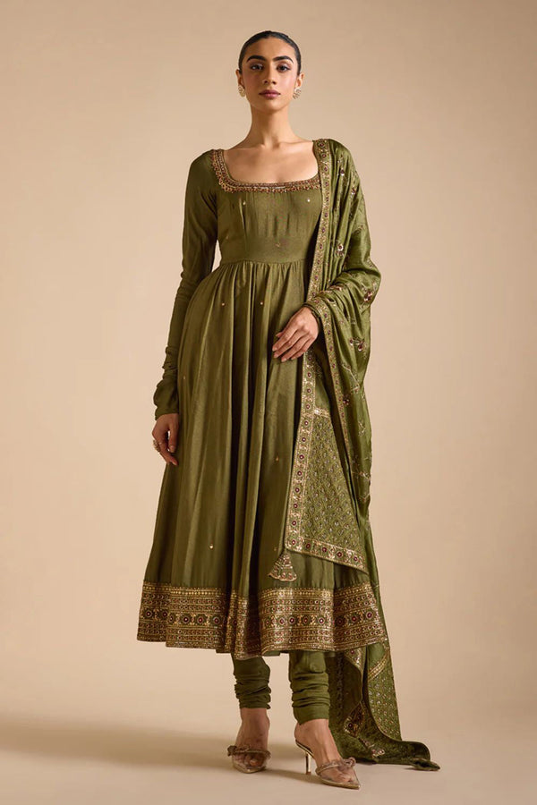 Olive Tussar Anarkali Set